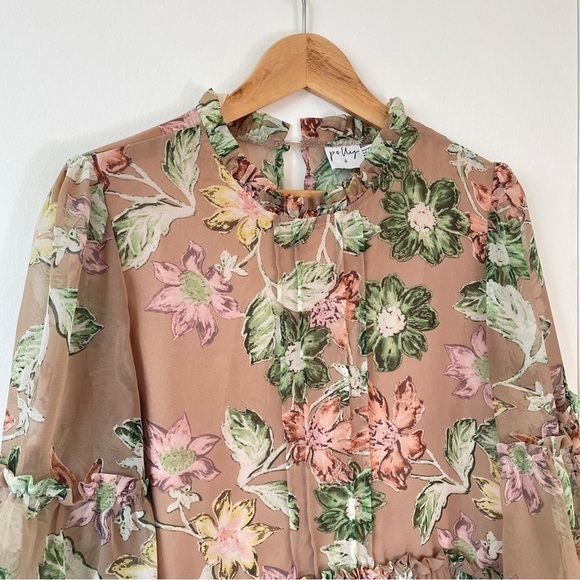 Princess Polly Boho Eden Bloom Tiered Mini Dress Floral Sheer Ruffle Tan Green 6 - Picture 4 of 11